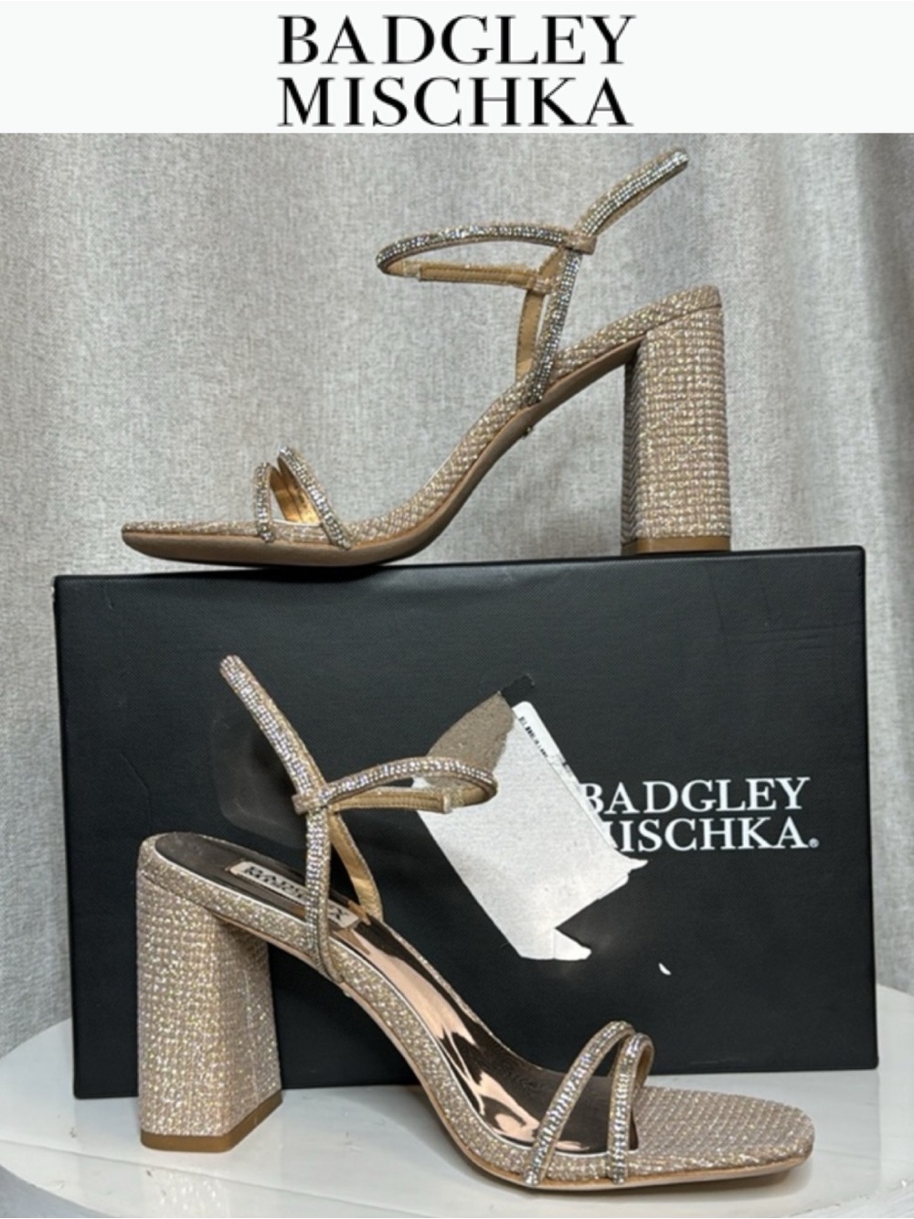 NIB BADGLEY MISCHKA GOLD FIREY RHINESTONE BEJEWELED BLOCK HEEL SANDALS SIZE 8.5